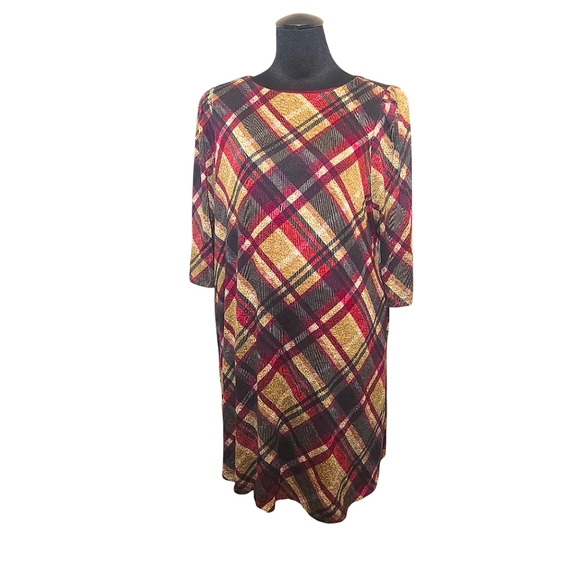 Connected Apparel Red Plaid 3/4 Sleeve Knit Pocketed Shift Dress 2X - Picture 2 of 3